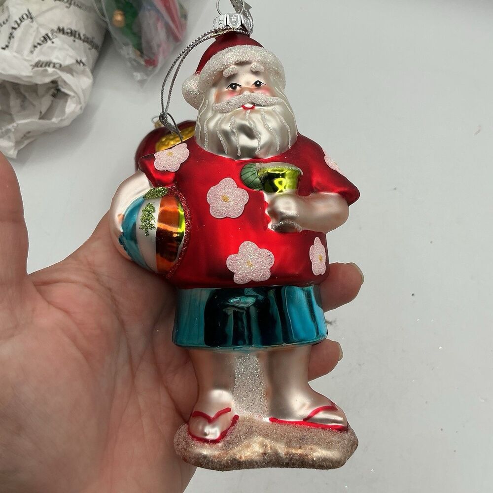 Radko Style Tropical Santa Glass Christmas Ornament Hawaiian Shirt Beach Holiday